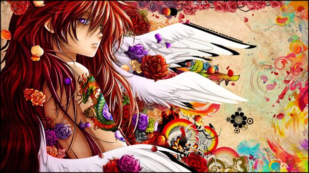 Angel wings flowers red hair beautiful female girl hd anime wallpaper.
