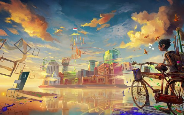 Boy bicycle City drawing paint art wallpaper HD.