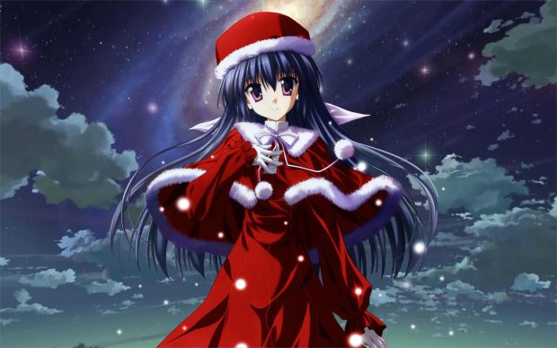 Red Cute Anime Girl Christmas Wallpaper.