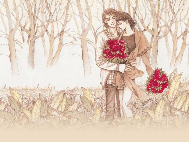 Romantic Couple Drawing With Red Flower Wallpaper Full HD.
