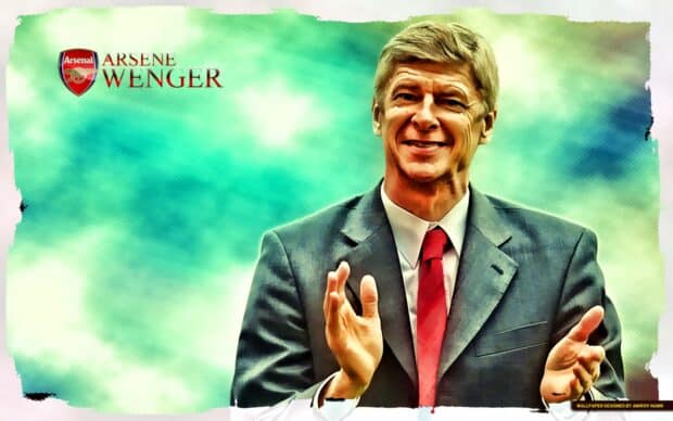 Arsenal Wenger in a suit with a red tie, smiling and gesturing with his hands against a green background with a watercolor effect.