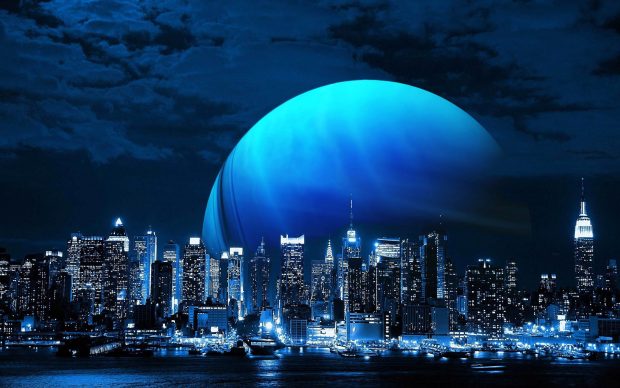 Blue moon above the city wallpaper