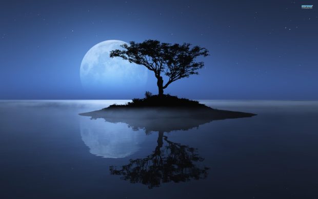 Blue moon tree river desktop background