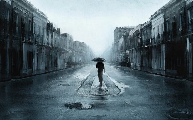 Sad Man With Umbrella Walking In A Lonely Street Digital Art Artwork.