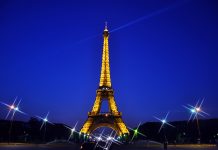 Eiffel Tower in Night with blue sky