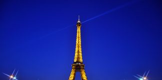 Eiffel Tower in Night with blue sky
