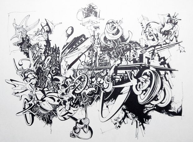 Bold art graphic drawings architecture graffiti black and white