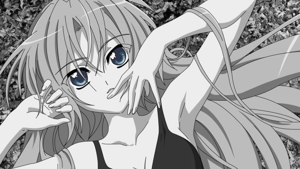 Cute anime girl black and white photo.