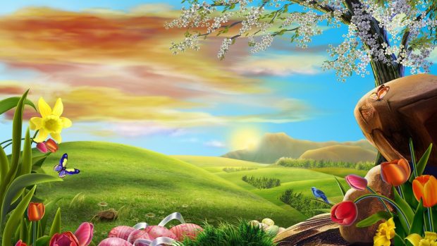 Easter eggs in the spring meadow holiday wallpapers