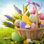 Eggs Easter Basket Bow Grass Holiday Flowers Spring Wallpaper
