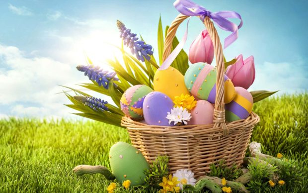 Eggs Easter Basket Bow Grass Holiday Flowers Spring Wallpaper