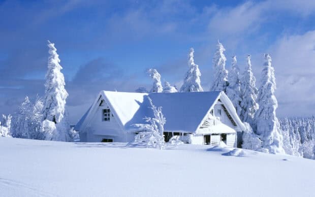 Snow-covered cozy house surrounded by frost-laden trees in winter landscape.