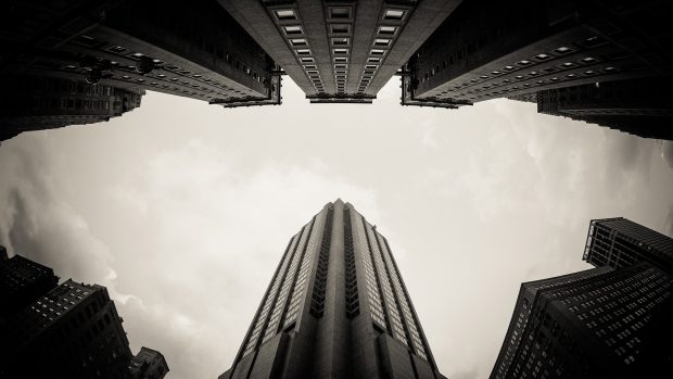 Roof sky glass light black and white city wallpaper.