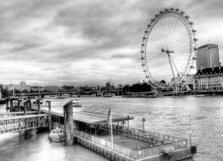 The London Eye On The Thames black and white city wallpapers HD.