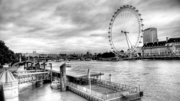The London Eye On The Thames black and white city wallpapers HD.