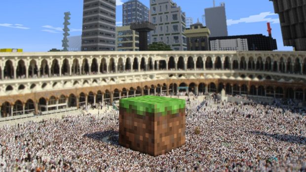 minecraft background cube city arena crowd