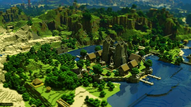 wallpaper minecraft trees houses mountains water