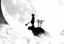 Silhouette of a boy holding a key on a cliff against a large, luminous moon in the night sky.