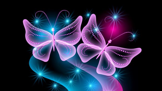 Butterflies neon light abstract black background 1920x1080.