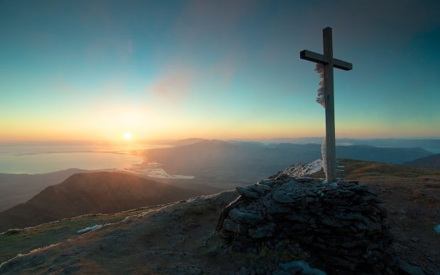 Cross Sunset Landscape Grave ocean sea mountains mood wallpaper.