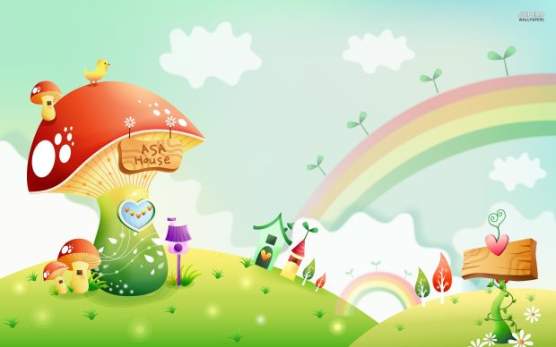 Mushroom house beyond the rainbow wallpaper.