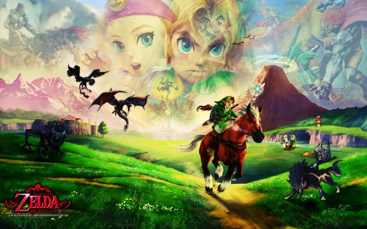 High-resolution wallpaper featuring Link from The Legend of Zelda riding his horse across vibrant green fields, surrounded by iconic characters and fantastical creatures from the game.