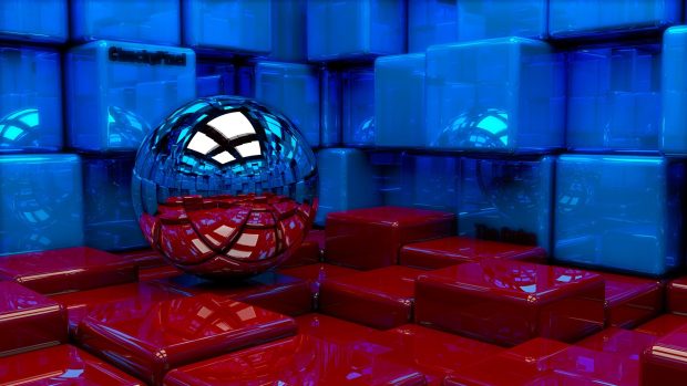 Ball cubes metal blue red reflection 3D wallpapers.