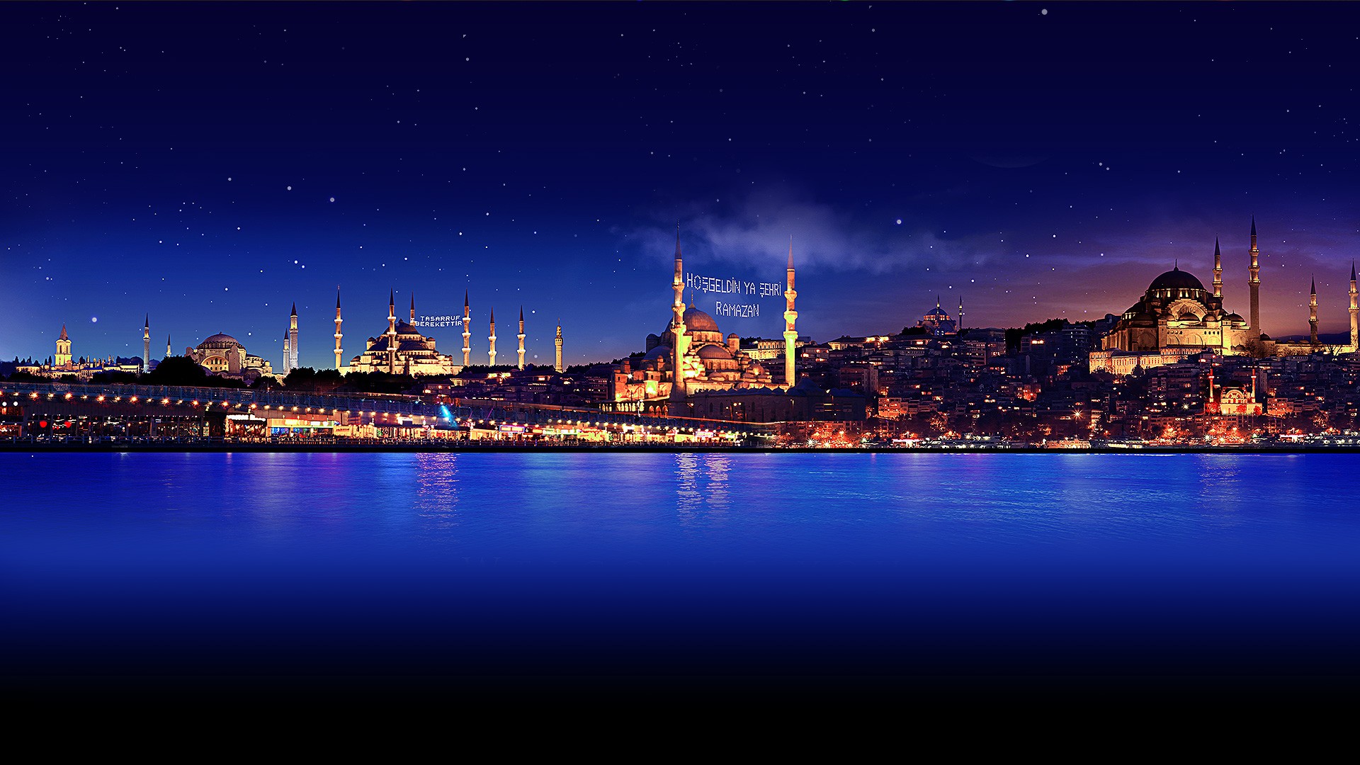 Buildings Night Stars Ocean Istanbul sky reflection city backgrounds 1920x1080.