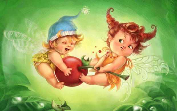 Fairy children fighting over cherries wallpaper HD.