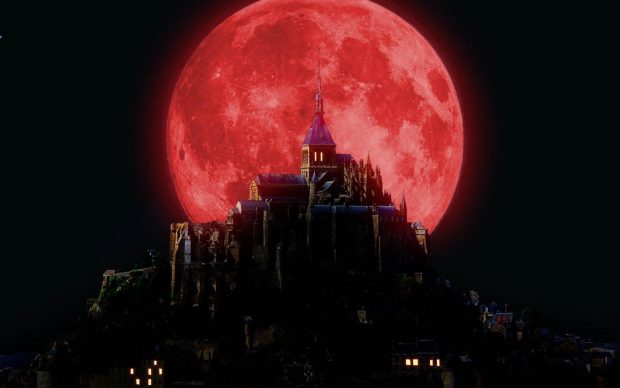 Fantasy castle horror red moon dark HD Wallpaper.