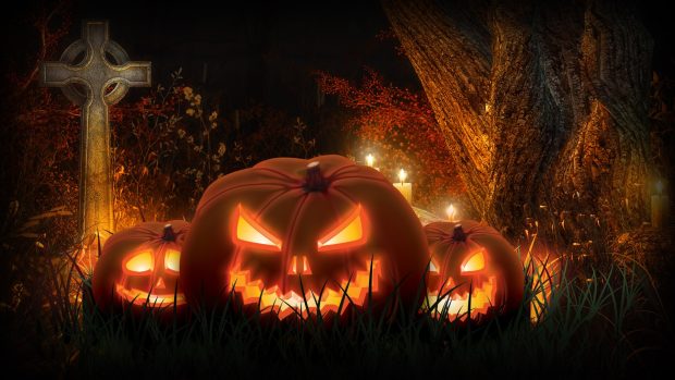 Halloween scary Jacck skellington spooky cemetery pumpkins.