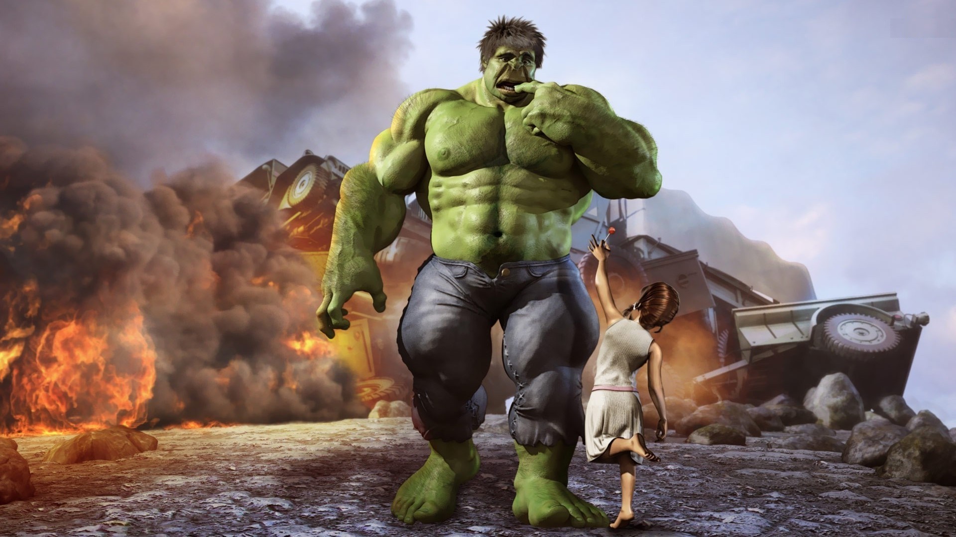 Hulk and little girl with a lollipop wallpapers 1920x1080.