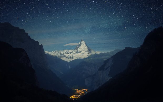 Matterhorn Mountain Night Stars Landscape Town Valley Wallpapers.