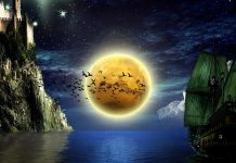 Moon birds boats water castle sky stars backgrounds 3840x2160.