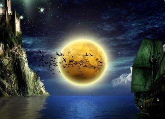 Moon birds boats water castle sky stars backgrounds 3840x2160.