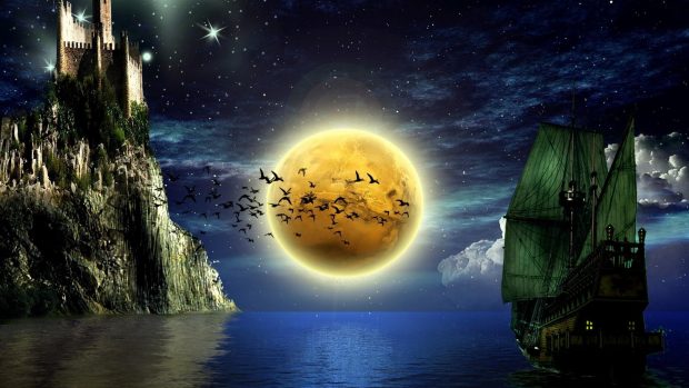 Moon birds boats water castle sky stars backgrounds 3840x2160.