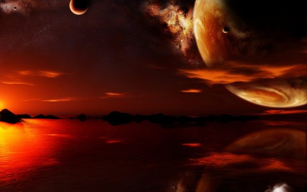 Red planet moon sky lake sunset fantasy HD wallpapers.