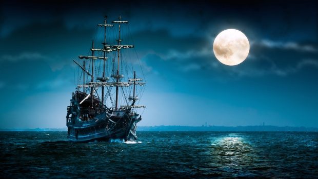 Sailboat sea moon ship boat ocean night mood wallpapers HD.