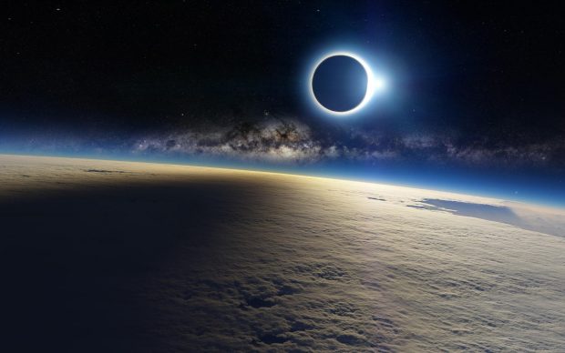 Space Eclipse Sun Light Moon Shadow On Earth Cloud Milky way Galaxy.