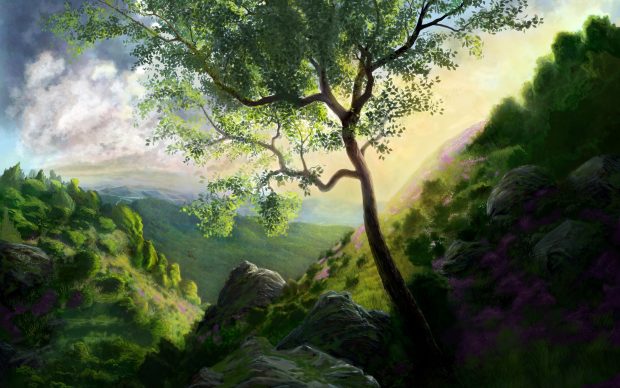 Tree wallpaper art mountains green 2560x1600.