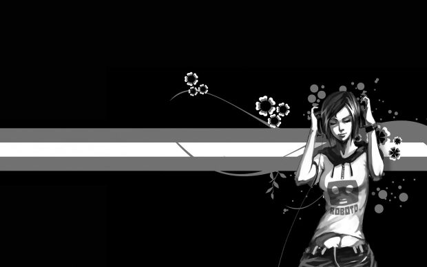 A girl hearing music with black and white flowers background HD Wallpapers.
