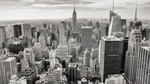 Black and white city skyline buildings.