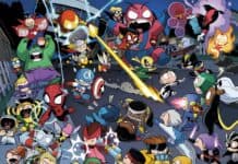Epic Marvel and DC superheroes battle villains in a colorful comic book scene.