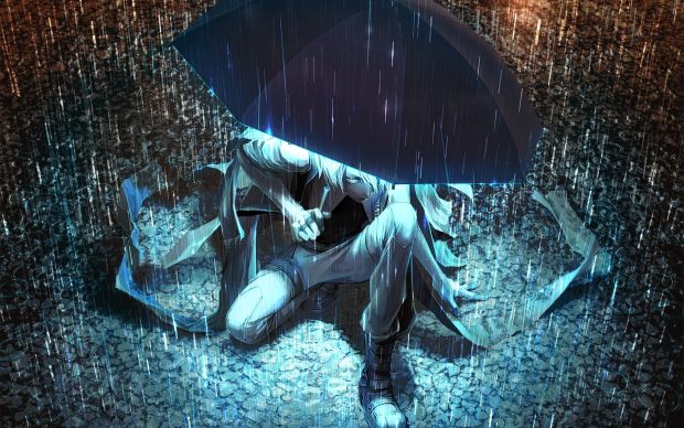 Cool Anime Wallpaper in Rain with Umbrella.