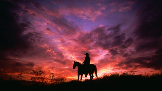 Cowboy Silhouetted at Sunset