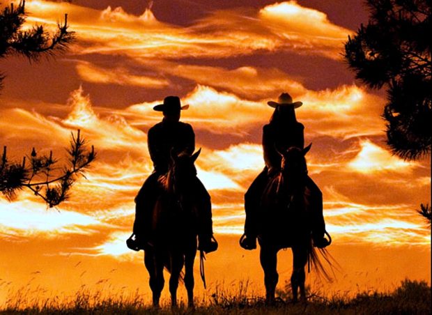 Cowgirl cowboy horses sunrise.
