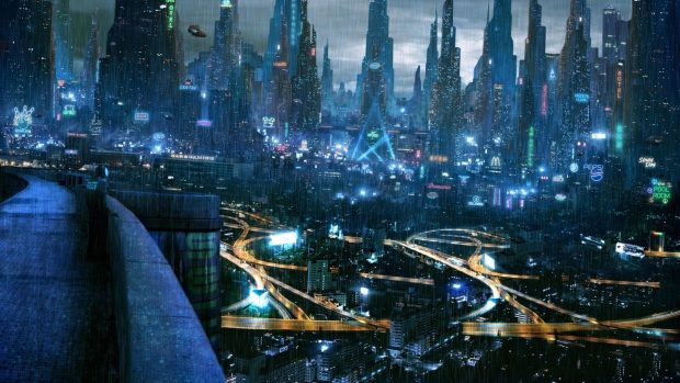 HD Rainy futuristic city Wallpaper.