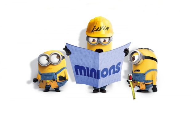 Minions film movie kevin stuart bob cute funny newspaper glasses helmet wide.