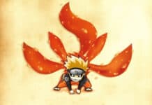 Naruto anime character with fiery tail, fiery tail, anime ninja with flames, digital art of Naruto, burning tail in anime style.