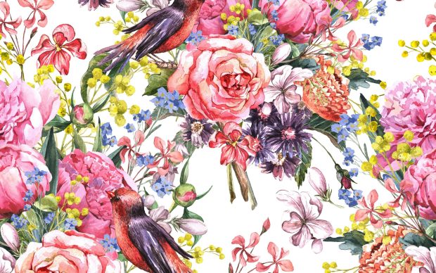 Painting watercolor flowers birds.